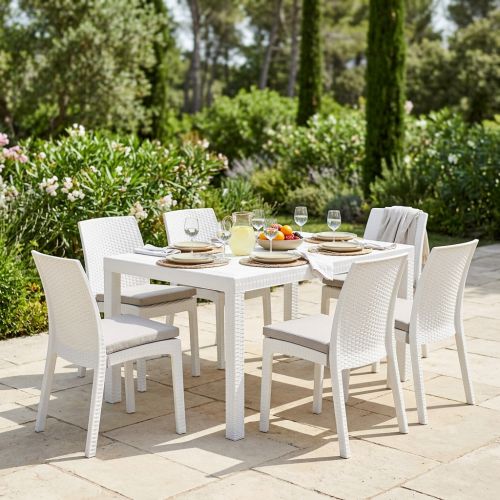 CALIGOLA - set tavolo in resina effetto rattan cm 150 x 90 x 74 h con 6 sedie Alma