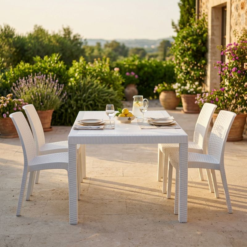 CALIGOLA - set tavolo in resina effetto rattan cm 150 x 90 x 74 h con 4 sedie Alma