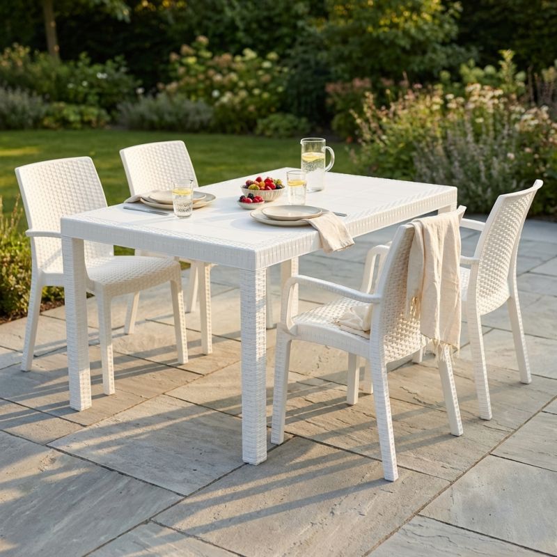 CALIGOLA - set tavolo in resina effetto rattan cm 150 x 90 x 74 h con 4 poltrone Alma