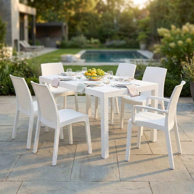 CALIGOLA - set tavolo in resina effetto rattan cm 150 x 90 x 74 h con 4 sedie e 2 poltrone Alma