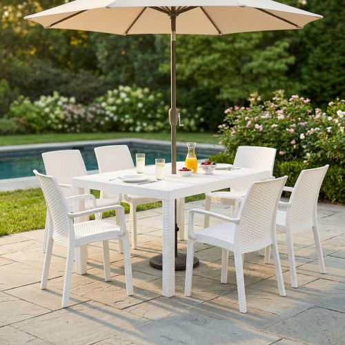 CALIGOLA - set tavolo in resina effetto rattan cm 150 x 90 x 74 h con 4 sedie e 2 poltrone Alma