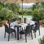 CALIGOLA - set tavolo in resina effetto rattan cm 150 x 90 x 74 h con 6 sedie Alma