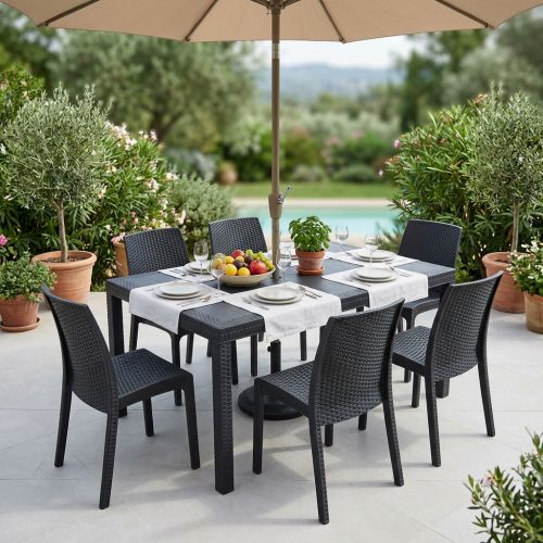 CALIGOLA - set tavolo in resina effetto rattan cm 150 x 90 x 74 h con 6 sedie Alma