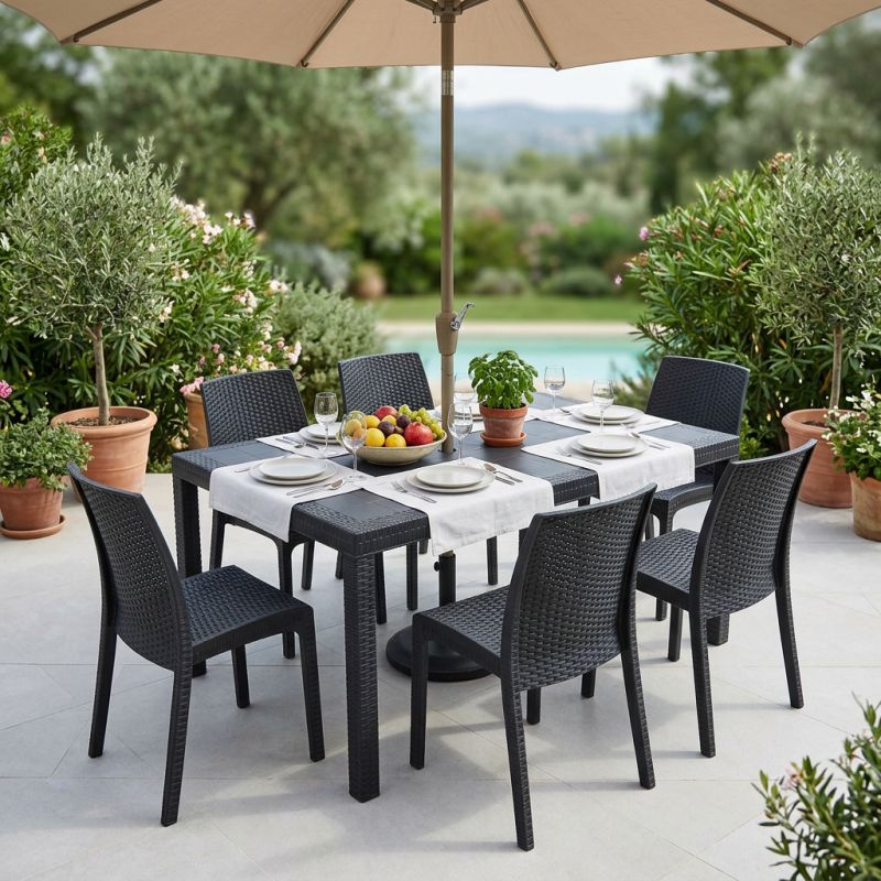 CALIGOLA - set tavolo in resina effetto rattan cm 150 x 90 x 74 h con 6 sedie Alma