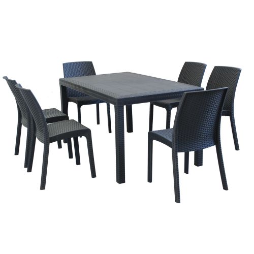 CALIGOLA - set tavolo in resina effetto rattan cm 150 x 90 x 74 h con 6 sedie Alma