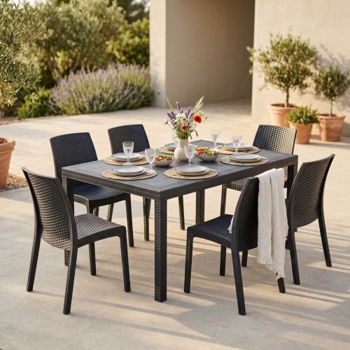 CALIGOLA - set tavolo in resina effetto rattan cm 150 x 90 x 74 h con 6 sedie Alma