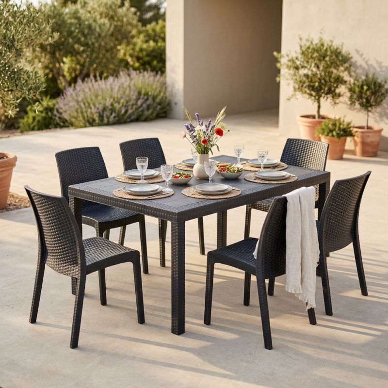 CALIGOLA - set tavolo in resina effetto rattan cm 150 x 90 x 74 h con 6 sedie Alma