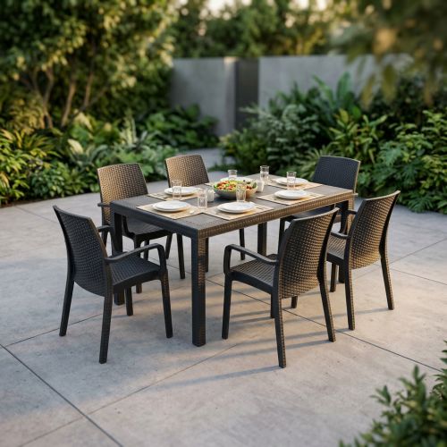 CALIGOLA - set tavolo in resina effetto rattan cm 150 x 90 x 74 h con 6 poltrone Alma