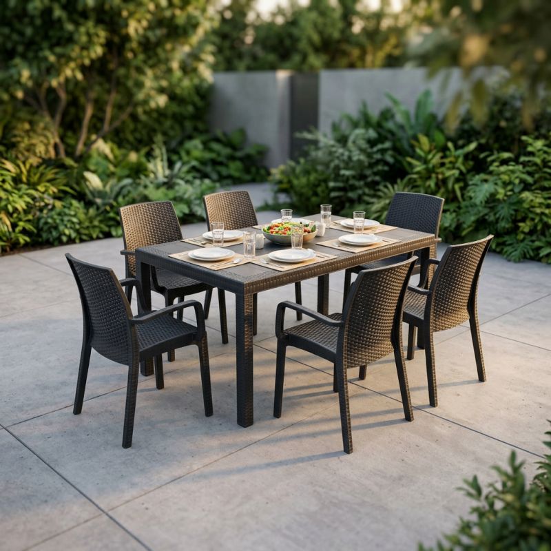 CALIGOLA - set tavolo in resina effetto rattan cm 150 x 90 x 74 h con 6 poltrone Alma