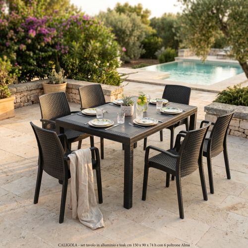 CALIGOLA - set tavolo in resina effetto rattan cm 150 x 90 x 74 h con 6 poltrone Alma