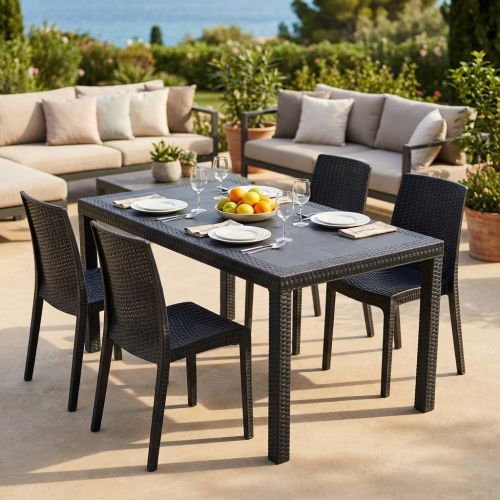 CALIGOLA - set tavolo in resina effetto rattan cm 150 x 90 x 74 h con 4 sedie Alma