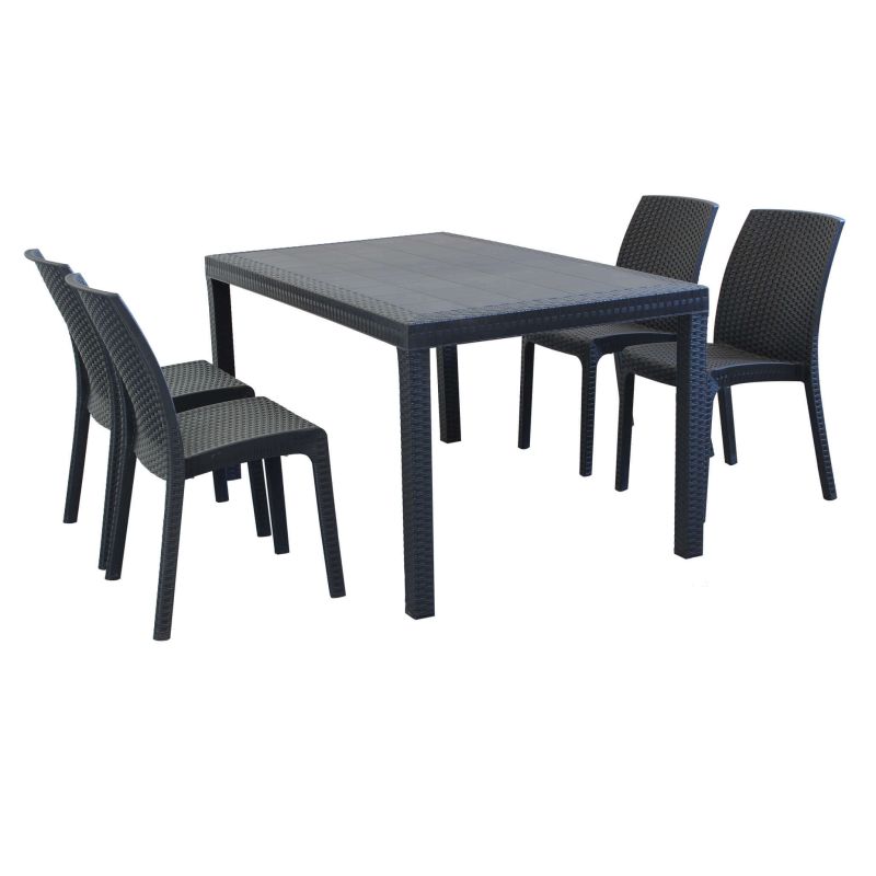 CALIGOLA - set tavolo in resina effetto rattan cm 150 x 90 x 74 h con 4 sedie Alma