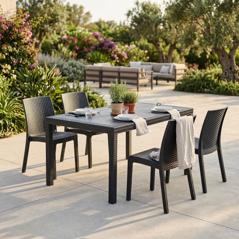 CALIGOLA - set tavolo in resina effetto rattan cm 150 x 90 x 74 h con 4 sedie Alma