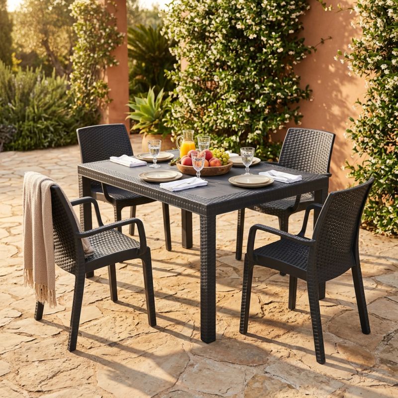 CALIGOLA - set tavolo in resina effetto rattan cm 150 x 90 x 74 h con 4 poltrone Alma