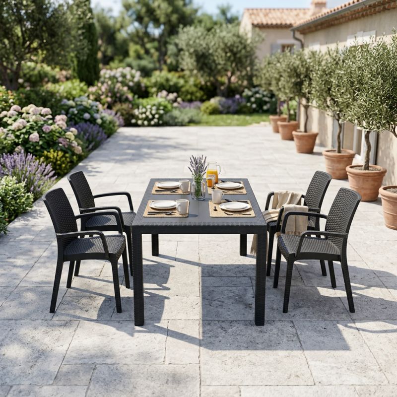 CALIGOLA - set tavolo in resina effetto rattan cm 150 x 90 x 74 h con 4 poltrone Alma