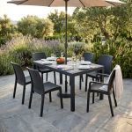 CALIGOLA - set tavolo in resina effetto rattan cm 150 x 90 x 74 h con 4 sedie e 2 poltrone Alma