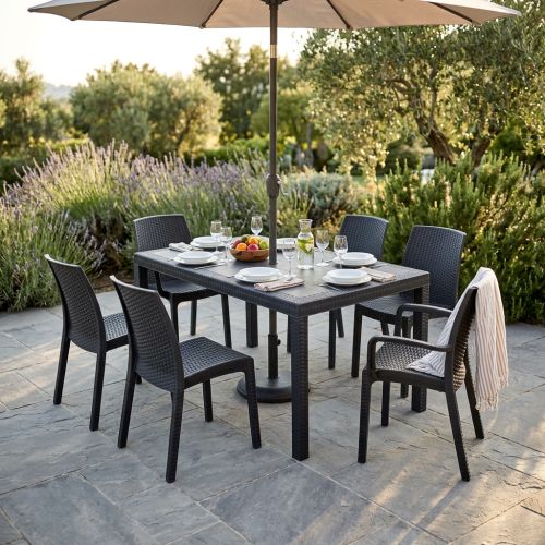 CALIGOLA - set tavolo in resina effetto rattan cm 150 x 90 x 74 h con 4 sedie e 2 poltrone Alma