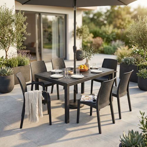 CALIGOLA - set tavolo in resina effetto rattan cm 150 x 90 x 74 h con 4 sedie e 2 poltrone Alma