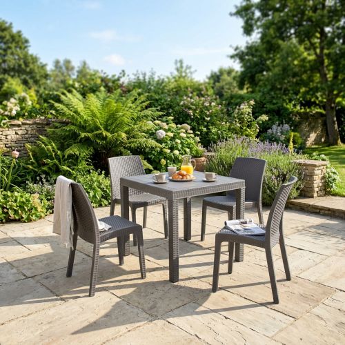 CALIGOLA - set tavolo in resina effetto rattan cm 80 x 80 x 74 h con 4 sedie Alma