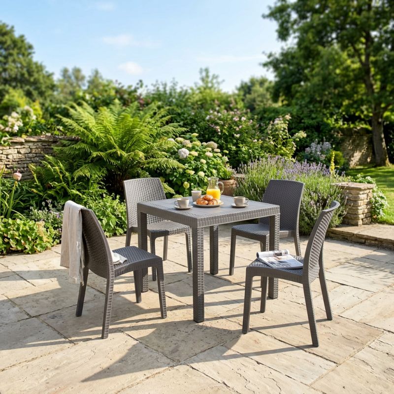 CALIGOLA - set tavolo in resina effetto rattan cm 80 x 80 x 74 h con 4 sedie Alma