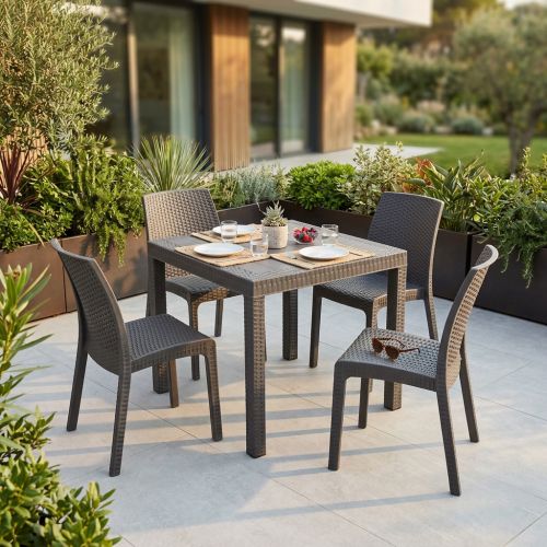 CALIGOLA - set tavolo in resina effetto rattan cm 80 x 80 x 74 h con 4 sedie Alma