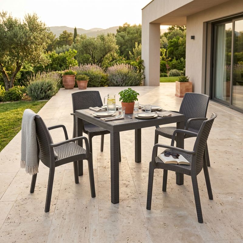 CALIGOLA - set tavolo in resina effetto rattan cm 80 x 80 x 74 h con 4 poltrone Alma
