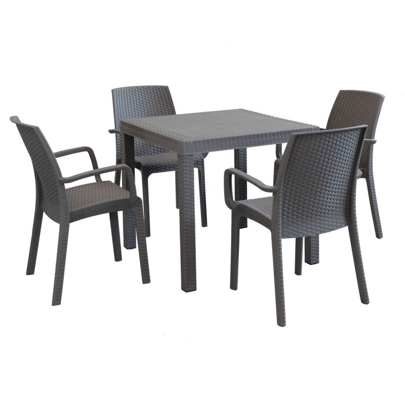 CALIGOLA - set tavolo in resina effetto rattan cm 80 x 80 x 74 h con 4 poltrone Alma