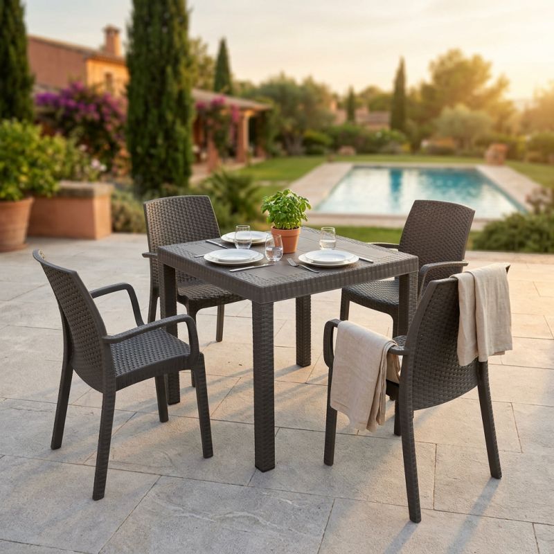 CALIGOLA - set tavolo in resina effetto rattan cm 80 x 80 x 74 h con 4 poltrone Alma
