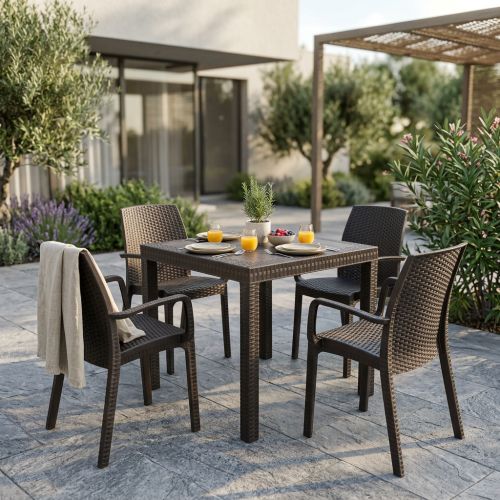 CALIGOLA - set tavolo in resina effetto rattan cm 80 x 80 x 74 h con 4 poltrone Alma