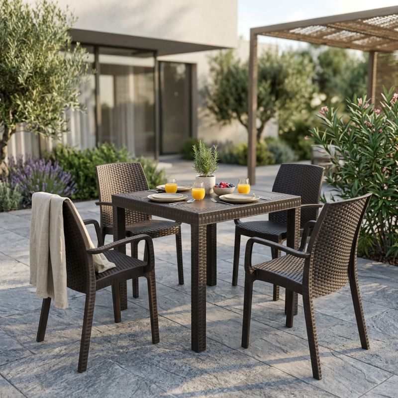 CALIGOLA - set tavolo in resina effetto rattan cm 80 x 80 x 74 h con 4 poltrone Alma