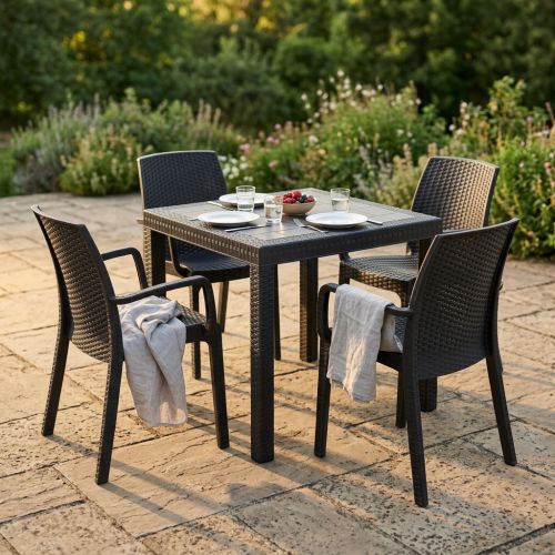 CALIGOLA - set tavolo in resina effetto rattan cm 80 x 80 x 74 h con 4 poltrone Alma