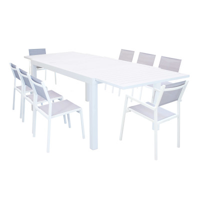 DEXTER - set tavolo in alluminio e teak cm 160/240 x 90 x 75 h con 6 sedie e 2 poltrone Aulus
