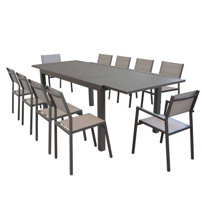 DEXTER - set tavolo in alluminio e teak cm 200/300 x 100 x 74 h con 8 sedie e 2 poltrone Aulus