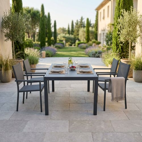 DEXTER - set tavolo in alluminio cm 160/240 x 90 x 75 h con 4 poltrone Venus