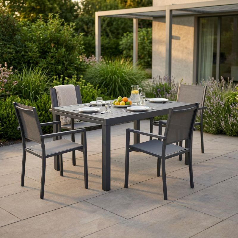 DEXTER - set tavolo in alluminio cm 160/240 x 90 x 75 h con 4 poltrone Venus