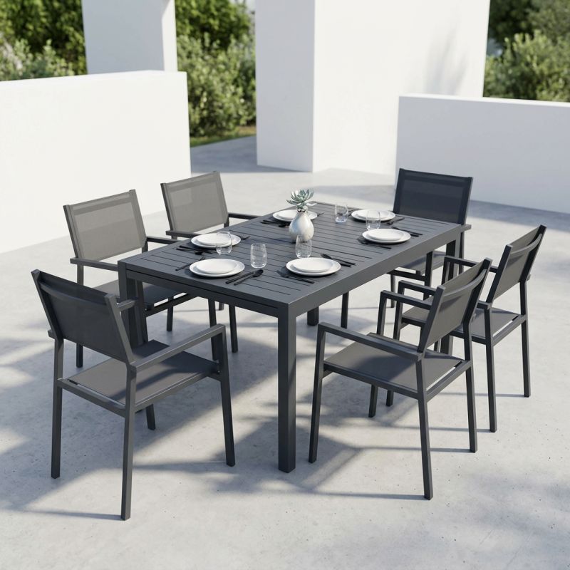 DEXTER - set tavolo in alluminio cm 160/240 x 90 x 75 h con 6 poltrone Venus