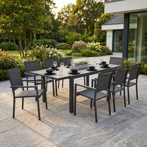 DEXTER - set tavolo in alluminio cm 160/240 x 90 x 75 h con 8 poltrone Venus