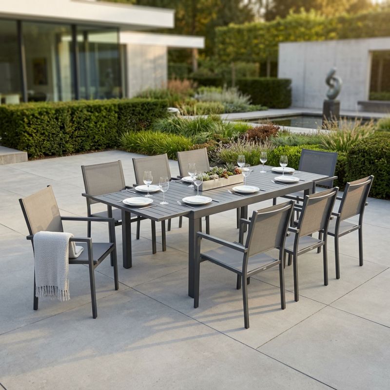 DEXTER - set tavolo in alluminio cm 160/240 x 90 x 75 h con 8 poltrone Venus