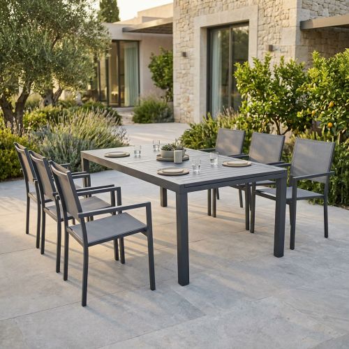 DEXTER - set tavolo in alluminio cm 200/300 x 100 x 74 h con 6 poltrone Venus