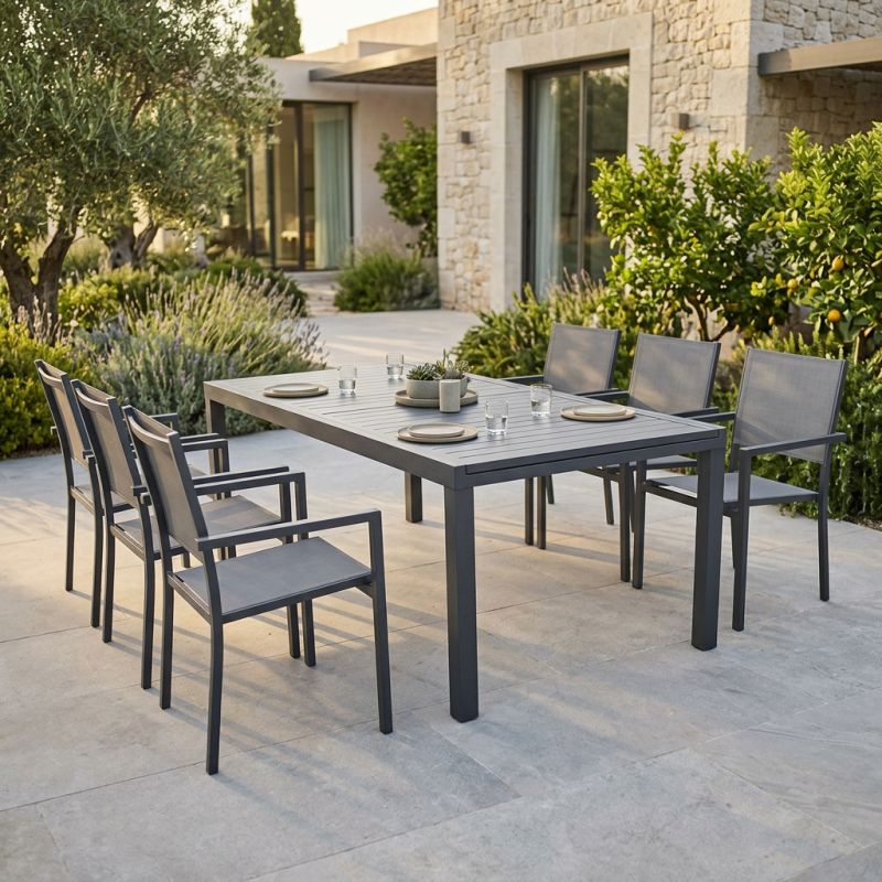 DEXTER - set tavolo in alluminio cm 200/300 x 100 x 74 h con 6 poltrone Venus