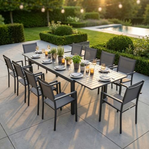 DEXTER - set tavolo in alluminio cm 200/300 x 100 x 74 h con 10 poltrone Venus