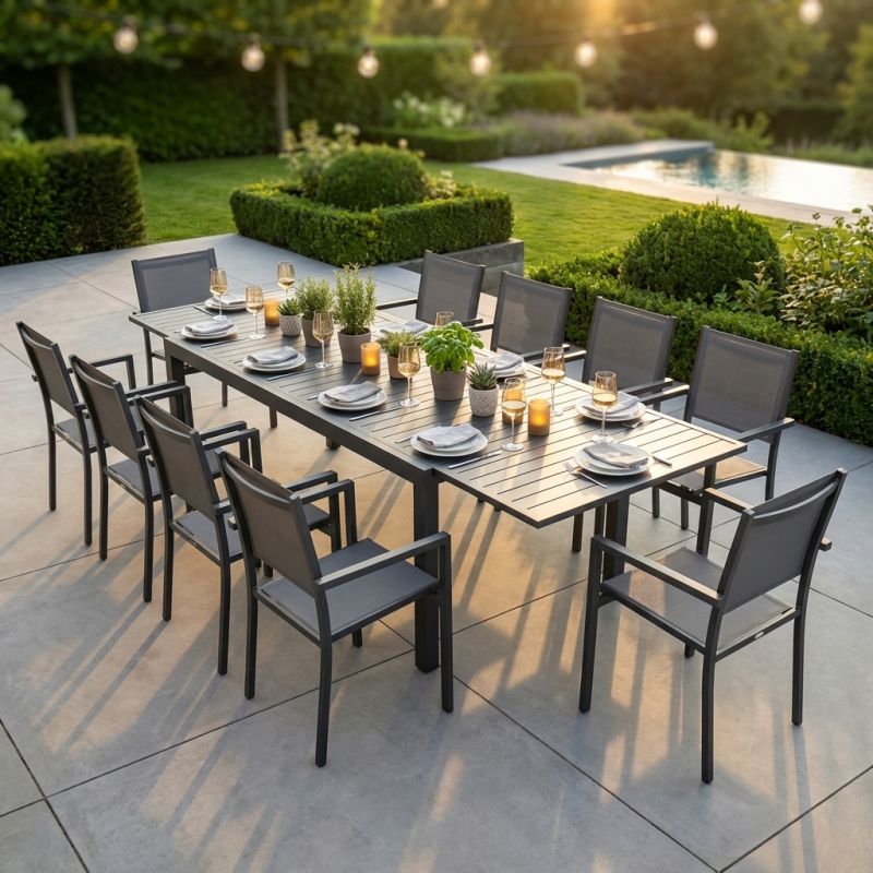 DEXTER - set tavolo in alluminio cm 200/300 x 100 x 74 h con 10 poltrone Venus