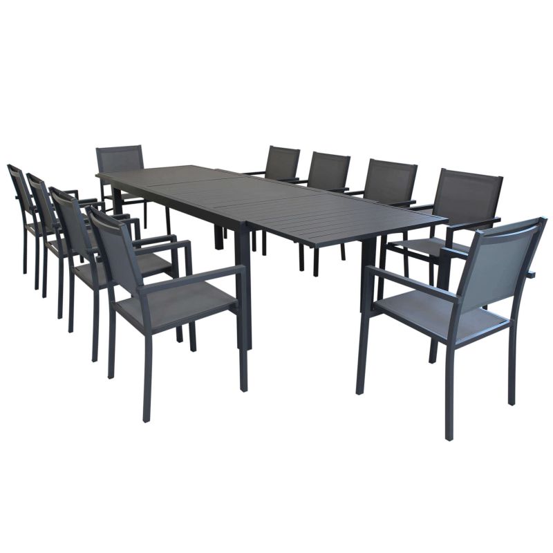 DEXTER - set tavolo in alluminio cm 200/300 x 100 x 74 h con 10 poltrone Venus