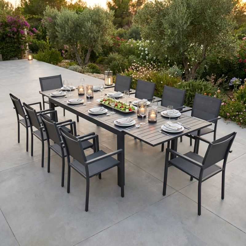 DEXTER - set tavolo in alluminio cm 200/300 x 100 x 74 h con 10 poltrone Venus