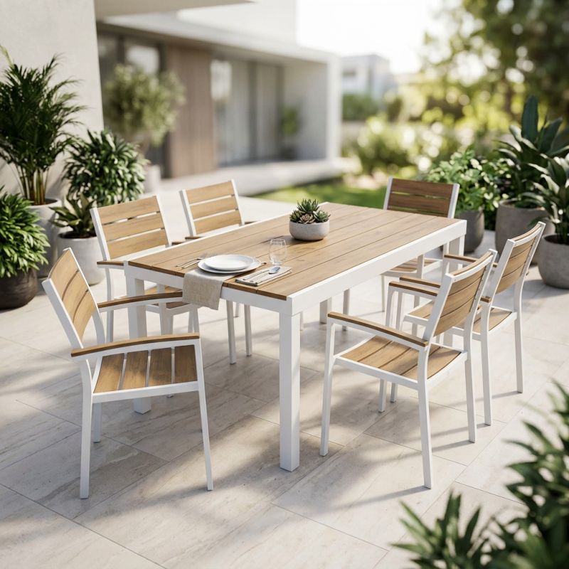 VIDUUS - set tavolo in alluminio e polywood cm 160/240 x 95 x 75 h con 6 poltrone Viduus