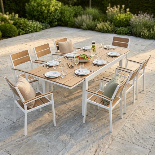 VIDUUS - set tavolo in alluminio e polywood cm 160/240 x 95 x 75 h con 8 poltrone Viduus