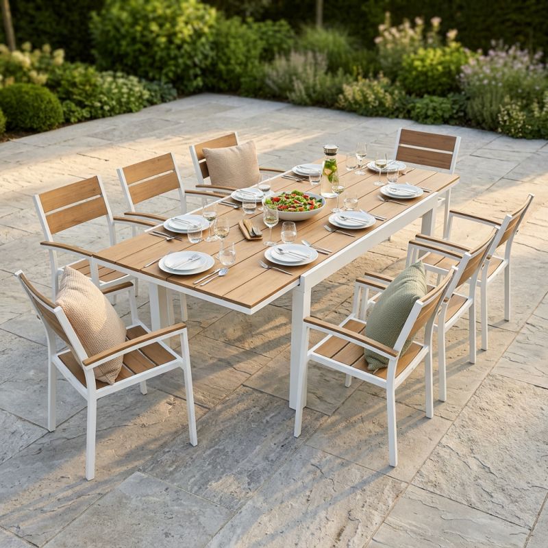 VIDUUS - set tavolo in alluminio e polywood cm 160/240 x 95 x 75 h con 8 poltrone Viduus