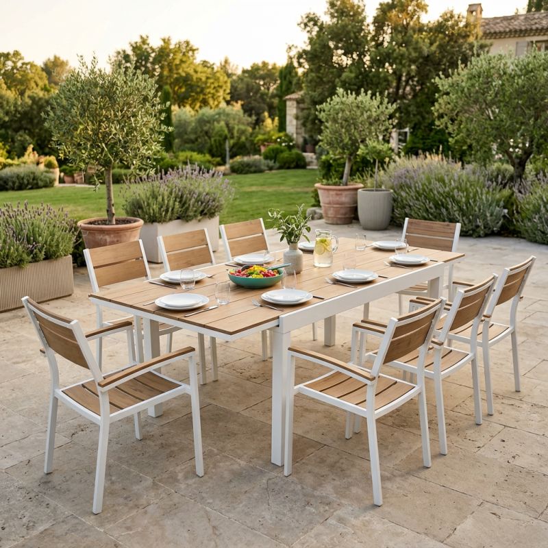 VIDUUS - set tavolo in alluminio e polywood cm 160/240 x 95 x 75 h con 8 poltrone Viduus