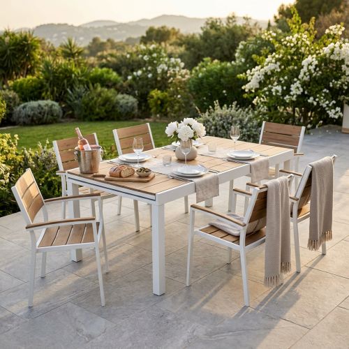 VIDUUS - set tavolo in alluminio e polywood cm 200/300 x 95 x 74 h con 6 poltrone Viduus