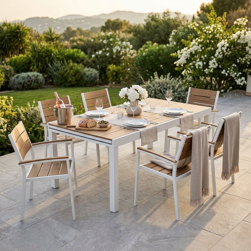 VIDUUS - set tavolo in alluminio e polywood cm 200/300 x 95 x 74 h con 6 poltrone Viduus